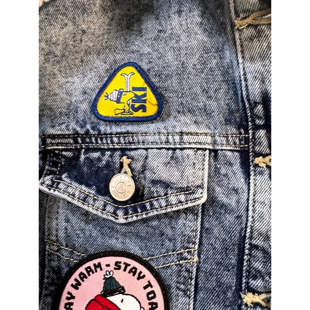 Justice Peanuts Snoopy Denim Jacket Kids‎ Size 7/8 Blue Sherpa Patches Kidcore